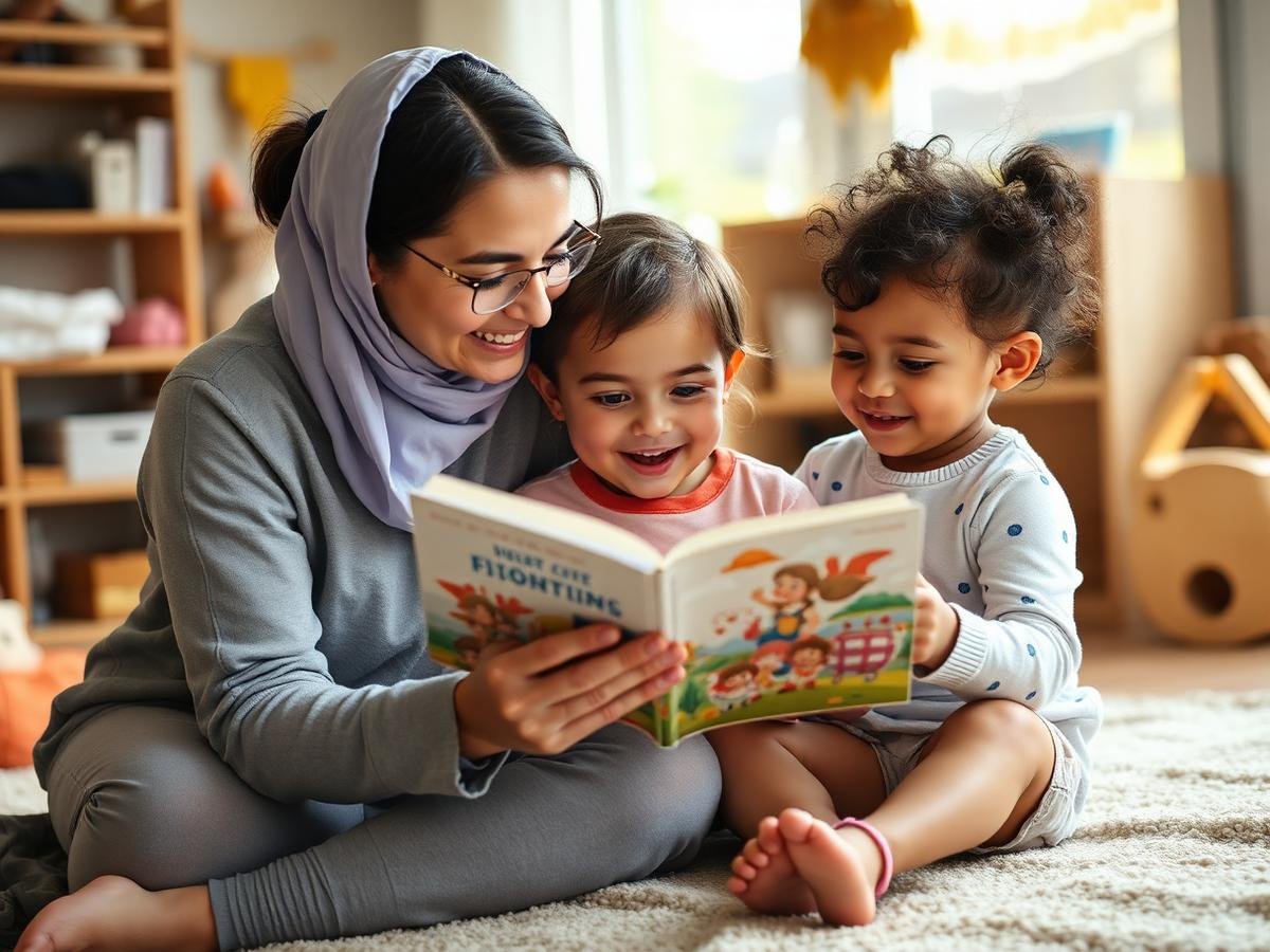 A caregiver reading a picture book with two young children in a home play area