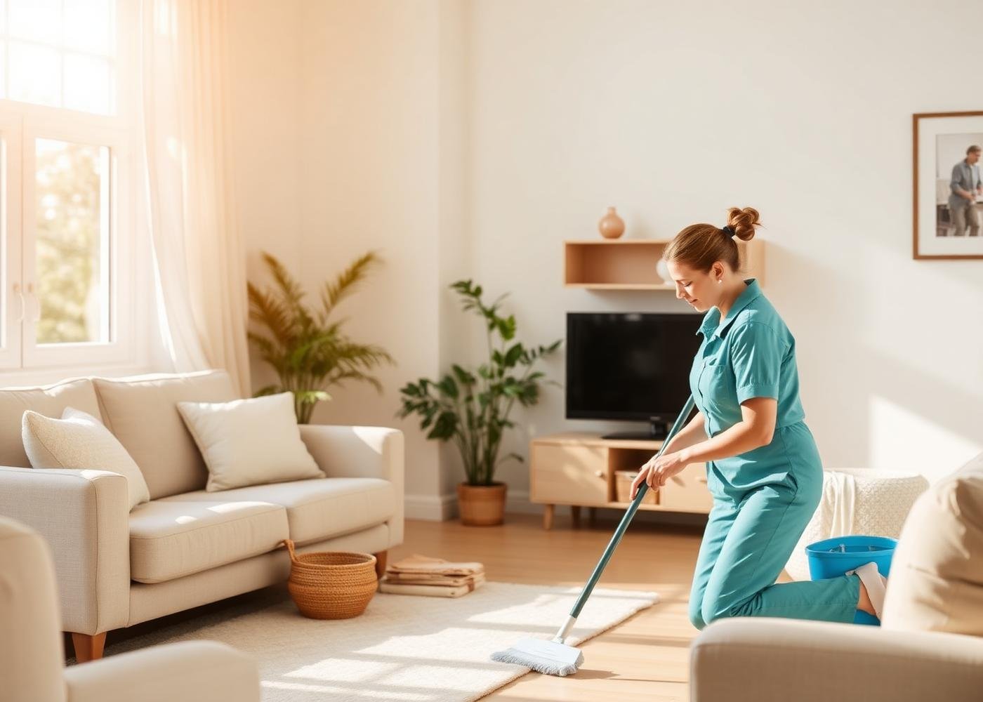 A home services helper cleaning a bright, sunlit living room