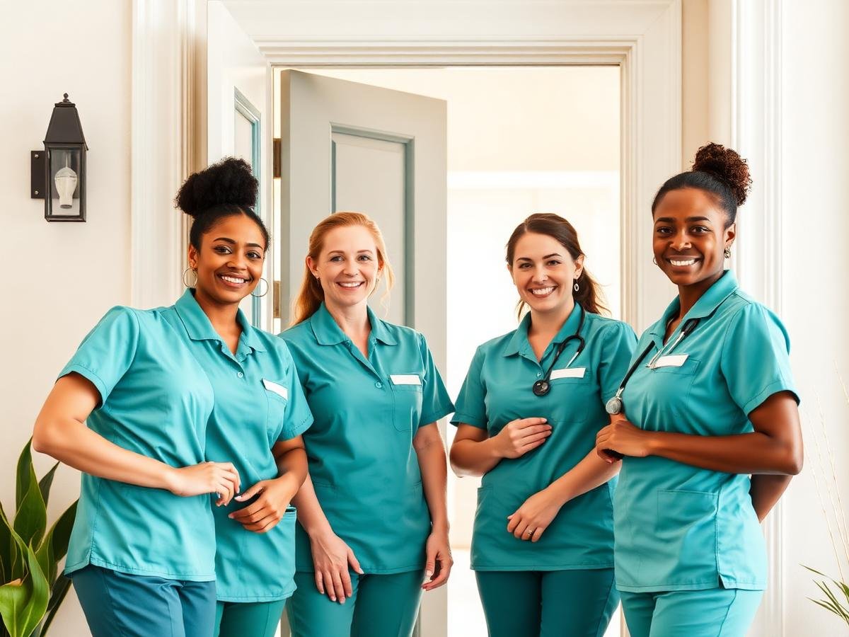 A friendly group of home services team members standing in a bright doorway